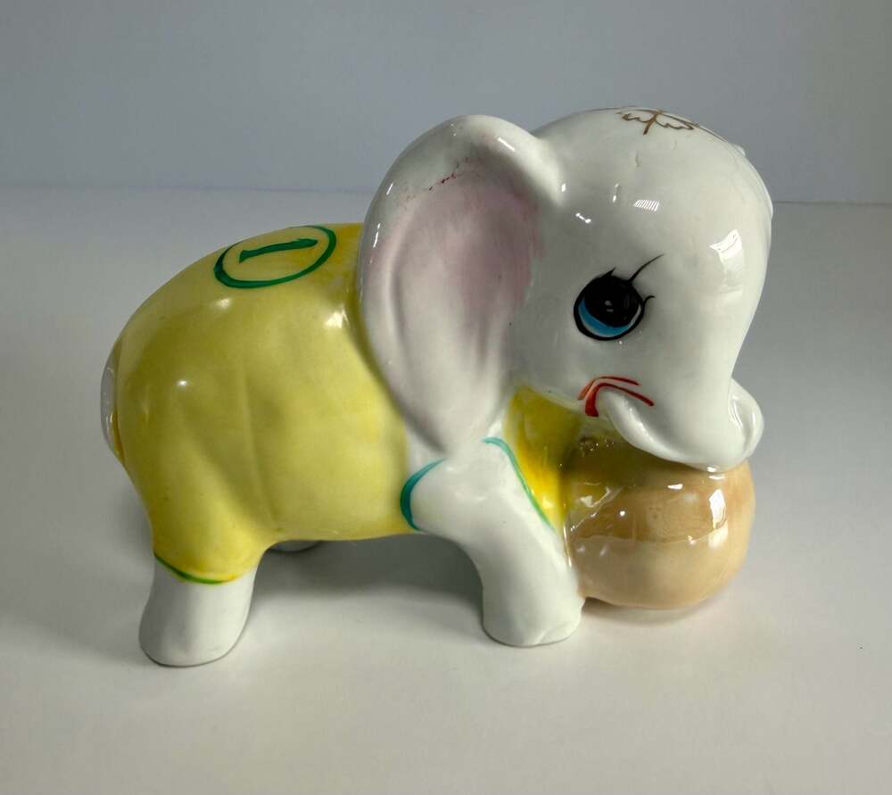 Vintage Ceramic Elephant with Ball, Yellow #1